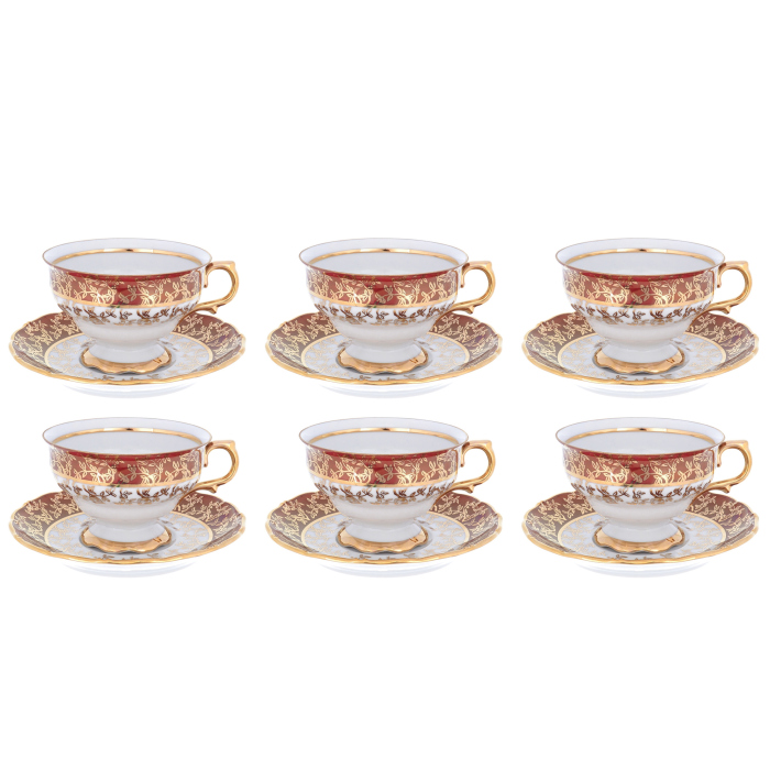 Набор чайных пар из фарфора Queen's Crown Aristokrat Лист красный на 6 персон